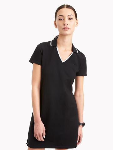 Női Tommy Hilfiger Essential V-Neck Polo Dresses Fekete | HU 84UZG